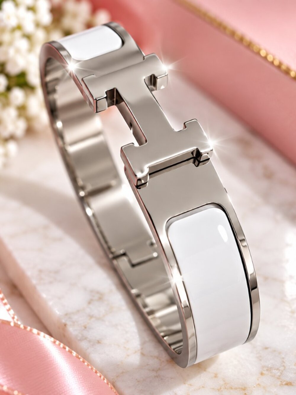 Hermes Clic H Silver and White Bracelet